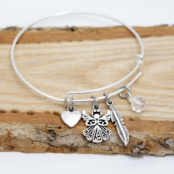 Heart, Angel & Feather Adjustable Charm Bangle - Handcrafted Hypoallerge… - Picture 3 of 4